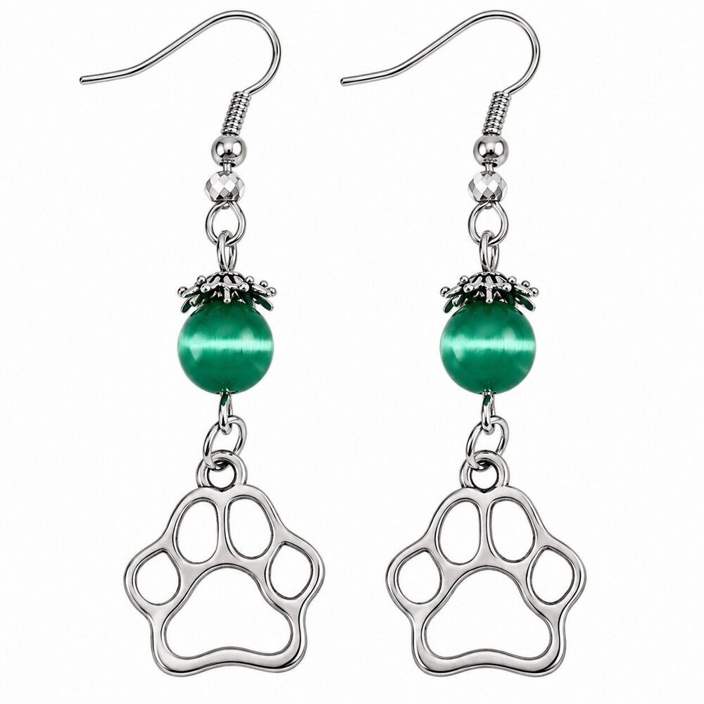Pet Paw Print Drop Earrings Silver Tone Dangle Green Bead Cat Dog Lover Gift